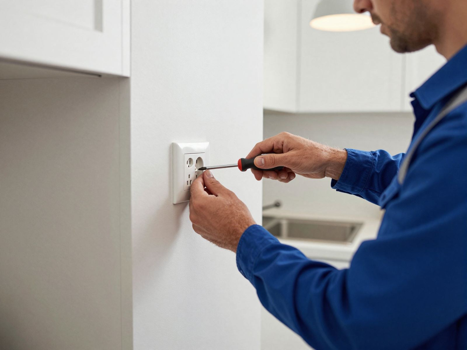 Electrician installing a residential electrical outlet in a modern kitchen
